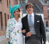 Prince Louis de Luxembourg et la princesse Tessy au mariage de la princesse Alix de Ligne et Guillaume de Dampierre, en l'église Saint-Pierre à Beloeil, en Belgique, un an avant leur séparation.