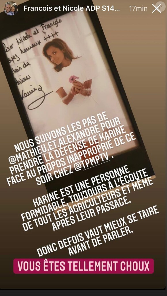 Nicole et François, candidats de L'Amour est dans le pré, soutiennent Karine Le Marchand sur Instagram.