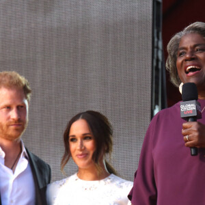 Linda Thomas-Greenfield (ambassadrice des États-Unis auprès des Nations unies) - Le prince Harry et Meghan Markle sur la scène du "Global Citizen Live Festival" à Central Park à New York, le 25 septembre 2021. © Sonia Moskowitz Gordon/ZUMA Press Wire/Bestimage