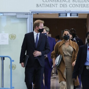 Le prince Harry et Meghan Markle arrivent au siège des Nations unies pour un rendez-vous avec Antonio Guterres (Secrétaire général des Nations unies) à New York, le 25 septembre 2021.