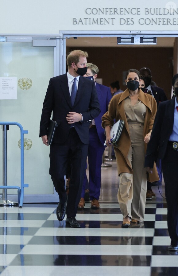 Le prince Harry et Meghan Markle arrivent au siège des Nations unies pour un rendez-vous avec Antonio Guterres (Secrétaire général des Nations unies) à New York, le 25 septembre 2021.