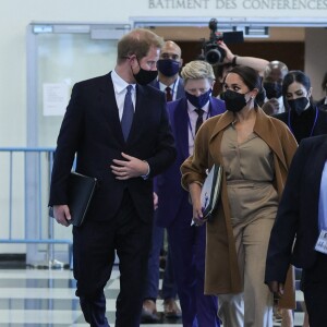 Le prince Harry et Meghan Markle arrivent au siège des Nations unies pour un rendez-vous avec Antonio Guterres (Secrétaire général des Nations unies) à New York, le 25 septembre 2021.