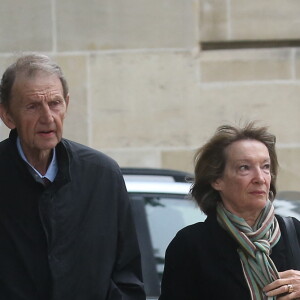 Etienne Mougeotte et sa femme - Obsèques de André Rousselet en la Basilique Sainte-Clotilde de Paris le 2 juin 2016.