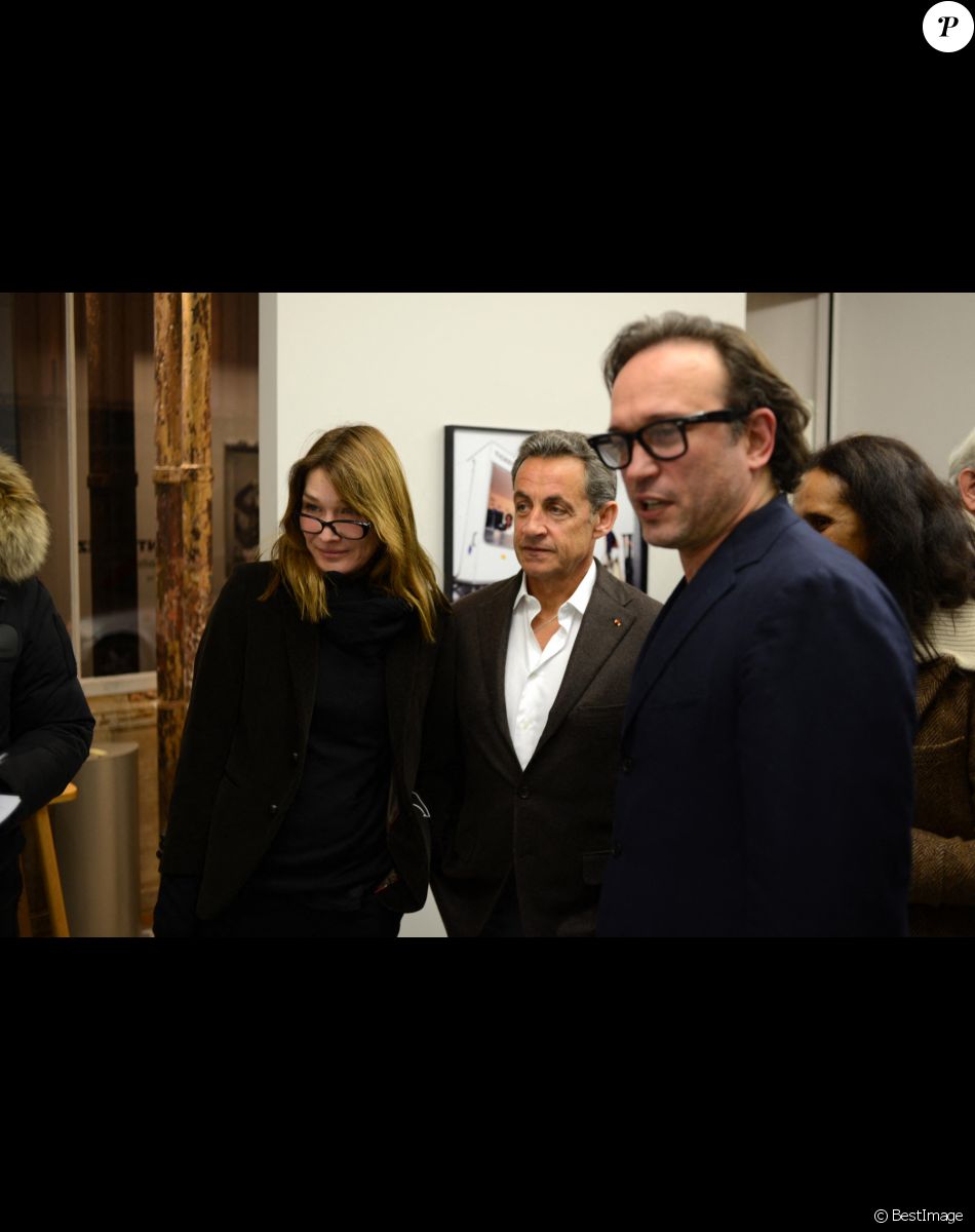 Exclusif - Vincent Pérez, Carla Bruni et Nicolas Sarkozy. - Vernissage de l'exposition photo de Vincent Pérez à Paris à la Galérie Cinéma rue Saint Claude. Paris, le 08 Janvier 2015.