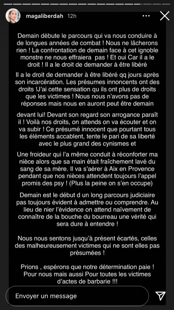 Magali Berdah s'exprime sans filtre sur le meurtre de sa belle-soeur et le compagnon de celle-ci, sur Snapchat le 3 novembre 2021.