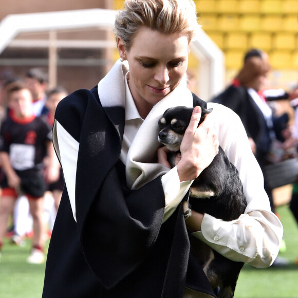 La Princesse Charlène de Monaco porte son chien "Monté" (comme Monte-Carlo) - En collaboration avec la Fondation Princesse Charlène de Monaco, la Fédération Monégasque de Rugby organise la 5ème édition du "Tournoi Sainte-Dévote" le samedi 11 avril 2015, au Stade Louis II à Monaco.