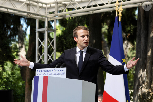 Emmanuel Macron - Allocution du président de la République française lors d'une réception offerte par la France en l'honneur de la communauté française, suivie d un déjeuner avec des personnalités culturelles, à l'Ecole Française d'Athènes. Le 8 septembre 2017