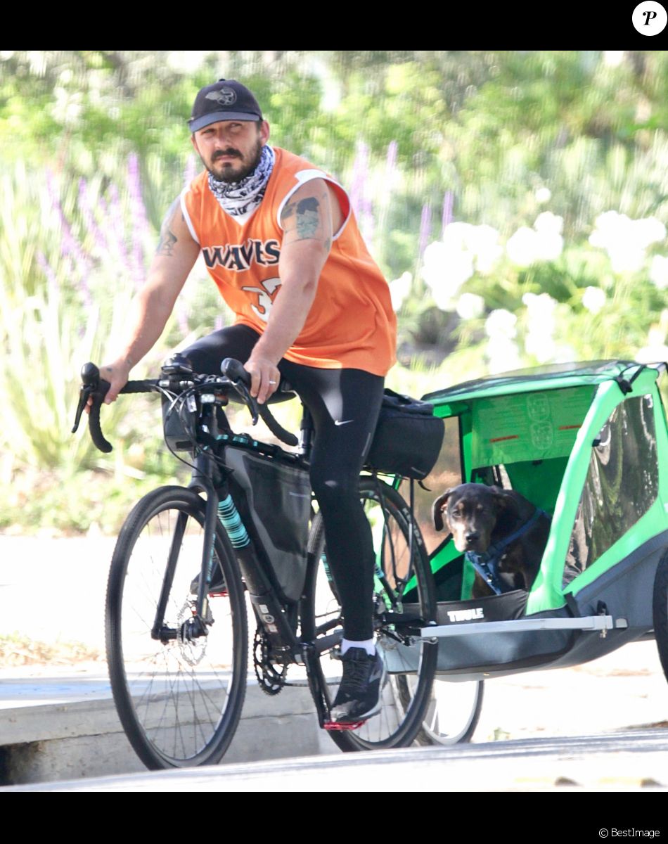 Exclusif - Shia LaBeouf tracte son chien à vélo et sa compagne Mia Goth les suit à Los Angeles le 11 mai 2020.