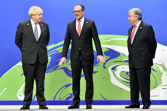 Boris Johnson, Alexander Schallenberg, chancelier d'Autriche, Antonio Guterres, secrétaire général des Nations Unies - Accueil des participants au sommet de la COP26 à Glasgow le 1er novembre 2021