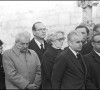 Jacques Chirac, Bernadette Chirac, Jacques Chaban-Delmas, Michel Debré et Pierre Lefranc lors des obsèques d'Yvonne de Gaulle en 1979