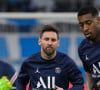 Lionel Leo Messi ( 30 - PSG ) - Presnel Kimpembe ( 3 - PSG ) - Echauffement - Match Ligue 1 Uber Eats "OM - PSG (0-0)" au stade Orange Vélodrome à Marseille, le 24 octobre 2021.