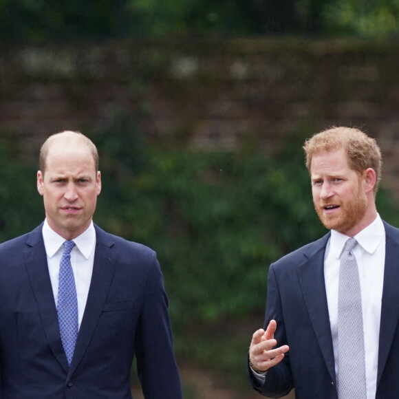 Le prince William, duc de Cambridge, et son frère Le prince Harry, duc de Sussex, se retrouvent à l'inauguration de la statue de leur mère, la princesse Diana dans les jardins de Kensington Palace à Londres, le 1er juillet 2021.