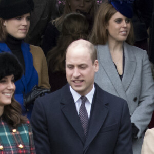 Les princesses Beatrice et Eugenie d'York, la princesse Anne, le prince William, Catherine Kate Middleton la duchesse de Cambridge enceinte, Meghan Markle et son fiancé le prince Harry, le prince Philip, duc d'Edimbourg - La famille royale d'Angleterre arrive à la messe de Noël à l'église Sainte-Marie-Madeleine à Sandringham, le 25 décembre 2017.