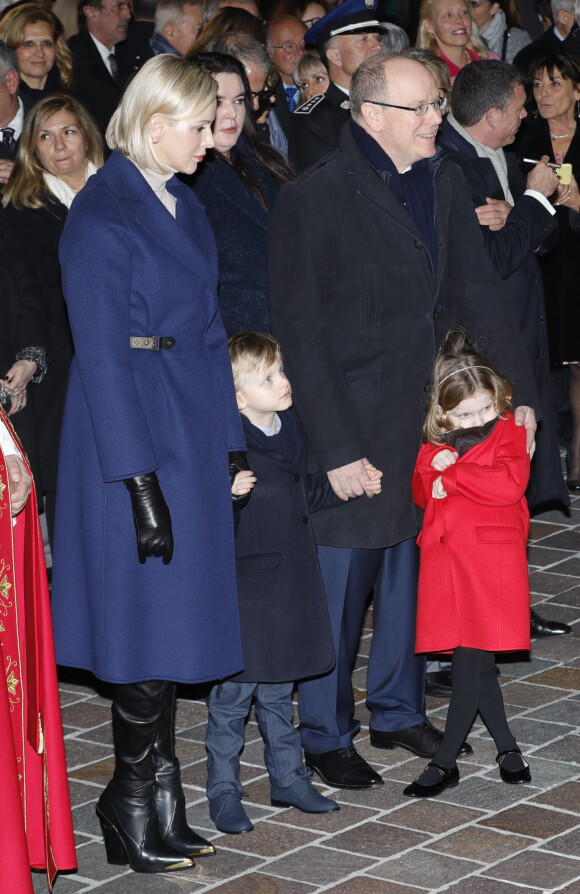 Le prince Albert II de Monaco, sa femme la princesse Charlene et leurs enfants le prince héréditaire Jacques et la princesse Gabriella durant la célébration de la Sainte Dévote, Sainte patronne de Monaco, à Monaco le 26 janvier 2020. © Claudia Albuquerque/Bestimage
