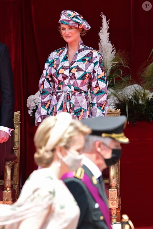 La Princesse Delphine de Saxe Cobourg - La famille royale de Belgique assiste à la parade militaire lors de la fête nationale à Bruxelles, le 21 juillet 2021.