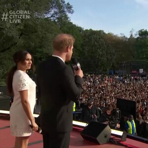 Capture d'écran de l'intervention du Prince Harry et sa femme Meghan Markle pendant le concert "Global Citizen Live" à New York City, le 26 septembre 2021.