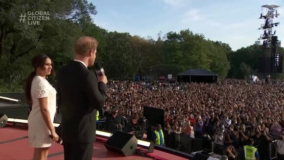 Capture d'écran de l'intervention du Prince Harry et sa femme Meghan Markle pendant le concert "Global Citizen Live" à New York City, le 26 septembre 2021.