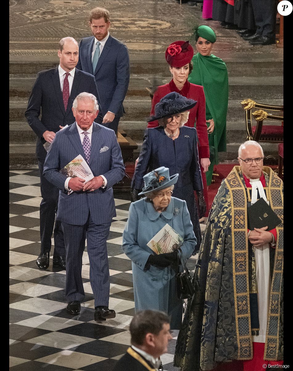 La reine Elisabeth II d'Angeleterre, le prince Charles et Camilla Parker-Bowles duchesse de Cornouailles, le prince William, duc de Cambridge, et Kate Catherine Middleton, duchesse de Cambridge, le prince Harry, duc de Sussex, Meghan Markle, duchesse de Sussex - La famille royale d'Angleterre lors de la cérémonie du Commonwealth en l'abbaye de Westminster à Londres. Le 9 mars 2020