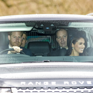 Le prince Harry, duc de Sussex, et Meghan Markle, duchesse de Sussex, arrivent à l'Eglise "All Saints Church" à Windsor pour assister à la messe dominicale aux côtés de la reine Elisabeth II d'Angleterre, le 8 mars 2020. Avant de quitter officiellement la famille royale le 31 mars 2020, le couple princier doit notamment assister au discours de la reine, prononcé le 9 mars 2020 à l'occasion de la Journée du Commonwealth.