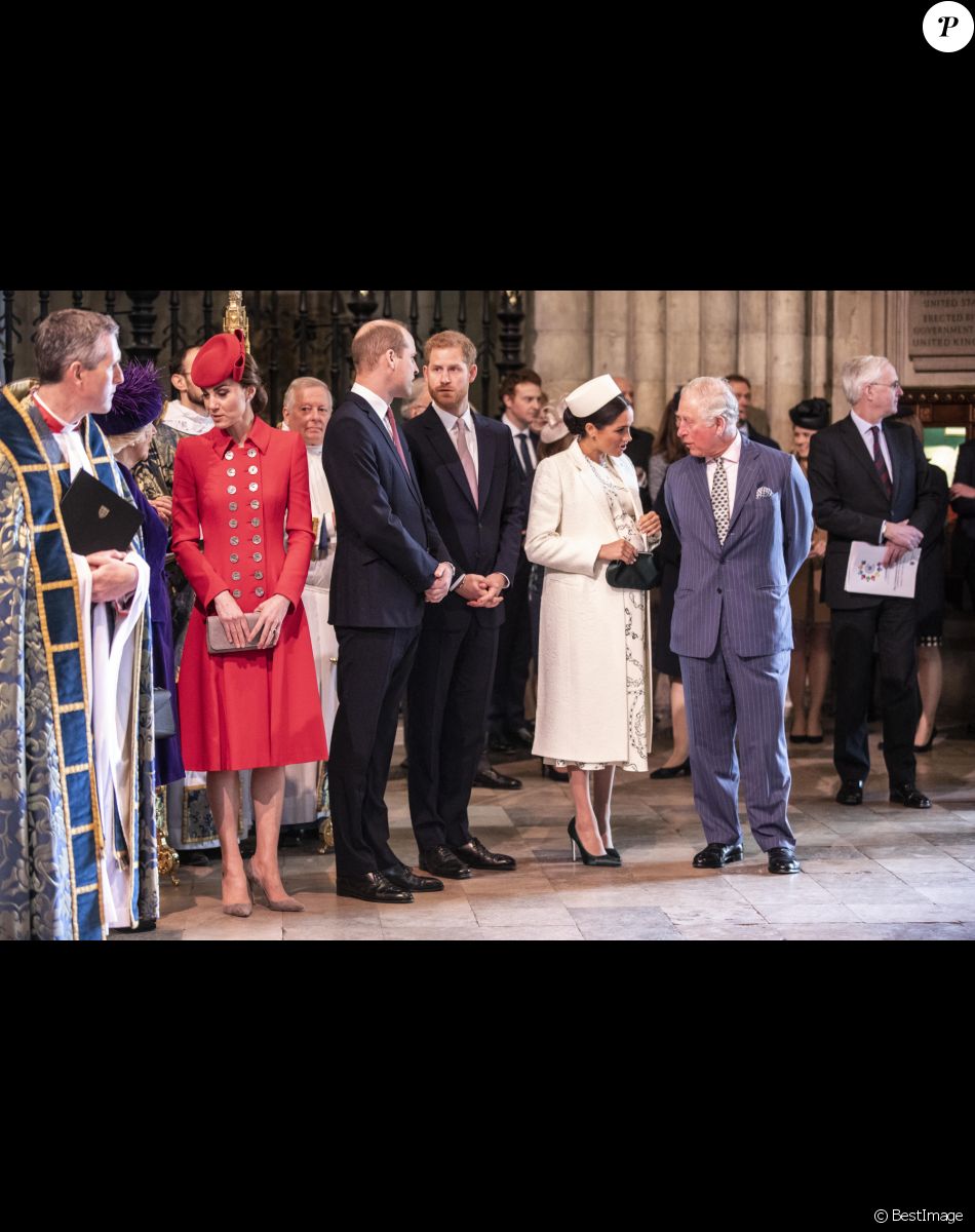 Catherine Kate Middleton, duchesse de Cambridge, le prince William, duc de Cambridge, le prince Harry, duc de Sussex, Meghan Markle, enceinte, duchesse de Sussex, le prince Charles, prince de Galles lors de la messe en l'honneur de la journée du Commonwealth à l'abbaye de Westminster à Londres le 11 mars 2019.