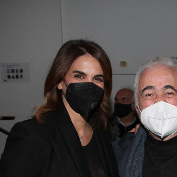 Exclusif - Le Chef Guy Savoy, sa compagne la journaliste Sonia Mabrouk et Laurent Gerra - Laurent Gerra joue son spectacle "Sans Modération", Salle Pleyel à Paris le 09 janvier 2022 © Bertrand Rindoff Petroff / Bestimage 
