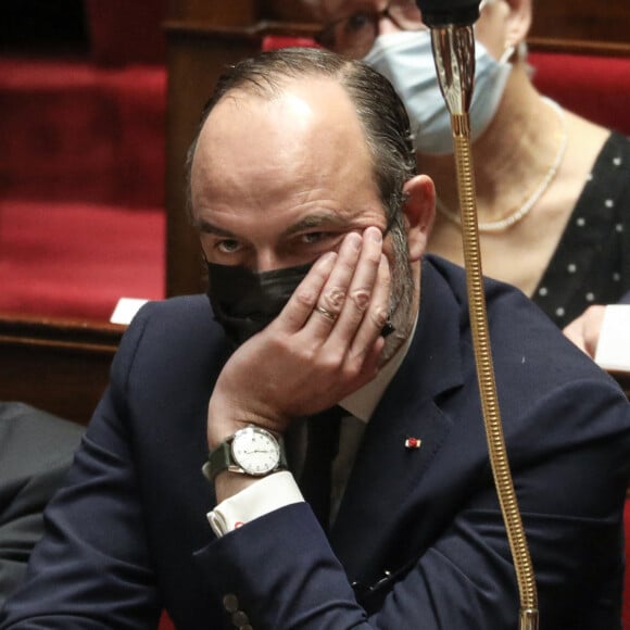 L'ancien Premier ministre, Edouard Philippe (président de Horizons) lors de la cérémonie de dévoilement d'une plaque dans l'hémicycle en mémoire d'Hubert Germain à l'Assemblée Nationale, à Paris