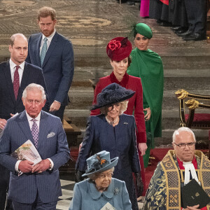 La reine Elisabeth II d'Angeleterre, le prince Charles et Camilla Parker-Bowles duchesse de Cornouailles, le prince William, duc de Cambridge, et Kate Catherine Middleton, duchesse de Cambridge, le prince Harry, duc de Sussex, Meghan Markle, duchesse de Sussex - La famille royale d'Angleterre lors de la cérémonie du Commonwealth en l'abbaye de Westminster à Londres. Le 9 mars 2020