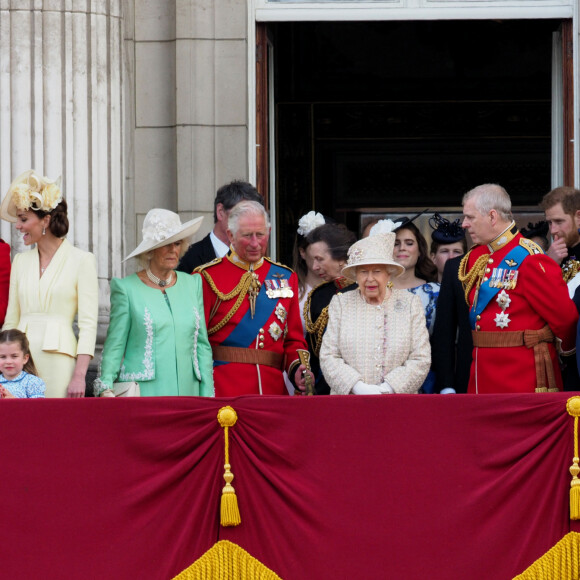 Le prince William, duc de Cambridge, et Catherine (Kate) Middleton, duchesse de Cambridge, le prince George de Cambridge, la princesse Charlotte de Cambridge, le prince Louis de Cambridge, Camilla Parker Bowles, duchesse de Cornouailles, le prince Charles, prince de Galles, la reine Elisabeth II d'Angleterre, le prince Andrew, duc d'York, le prince Harry, duc de Sussex, et Meghan Markle, duchesse de Sussex - La famille royale au balcon du palais de Buckingham lors de la parade Trooping the Colour 2019, célébrant le 93ème anniversaire de la reine Elisabeth II, Londres, le 8 juin 2019.