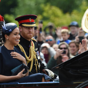 Kate Middleton, le prince Harry, duc de Sussex, et Meghan Markle, duchesse de Sussex, lors de la parade Trooping the Colour 2019, célébrant le 93ème anniversaire de la reine Elisabeth II, au palais de Buckingham, Londres, le 8 juin 2019.