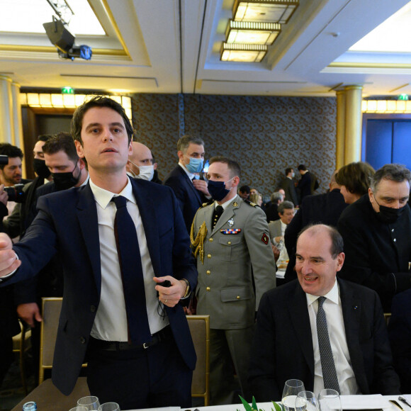 Gabriel Attal, le premier ministre Jean Castex, Gérard Larcher, président du Sénat - Dîner annuel du Conseil de Coordination des organisations Arméniennes de France (CCAF) à L'Hôtel du Collectionneur à Paris le 8 février 2022