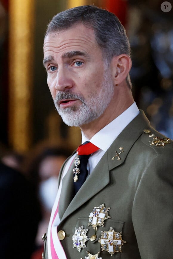 Le roi Felipe VI d'Espagne, lors de la réception pour les voeux aux personnels militaires au palais royal à Madrid, Espagne, le 6 janvier 2022. 