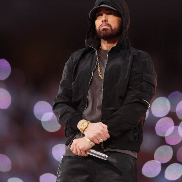 Eminem a participé au concert de la mi-temps du Super Bowl LVI, avec Dr. Dre, Mary J. Blige, 50 Cent et Kendrick Lamar. Inglewood, le 13 février 2022.