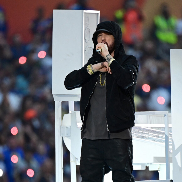 Eminem a participé au concert de la mi-temps du Super Bowl LVI, avec Dr. Dre, Mary J. Blige, 50 Cent et Kendrick Lamar. Inglewood, le 13 février 2022.