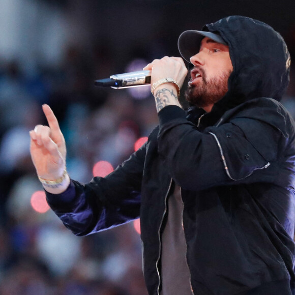 Eminem a participé au concert de la mi-temps du Super Bowl LVI, avec Dr. Dre, Mary J. Blige, 50 Cent et Kendrick Lamar. Inglewood, le 13 février 2022.