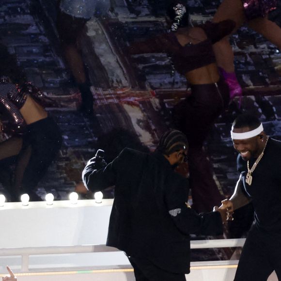 Eminem a participé au concert de la mi-temps du Super Bowl LVI, avec Dr. Dre, Mary J. Blige, 50 Cent et Kendrick Lamar. Inglewood, le 13 février 2022.