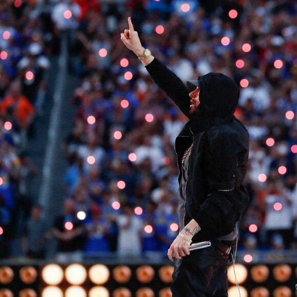 Eminem a participé au concert de la mi-temps du Super Bowl LVI, avec Dr. Dre, Mary J. Blige, 50 Cent et Kendrick Lamar. Inglewood, le 13 février 2022.