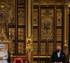 La reine Elisabeth II d'Angleterre, le prince Charles, prince de Galles, et Camilla Parker Bowles, duchesse de Cornouailles - La reine d'Angleterre va prononcer son discours d'ouverture de la session parlementaire à la Chambre des lords au palais de Westminster à Londres, Royaume Uni, le 11 mai 2021.