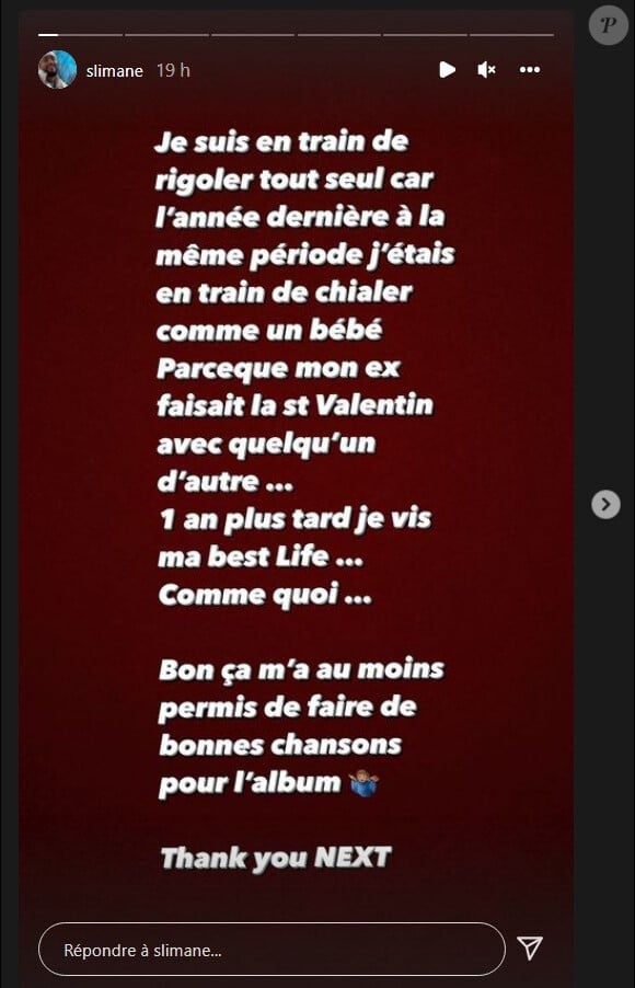 Slimane évoque sa vie amoureuse sur Instagram, le 14 février 2022.