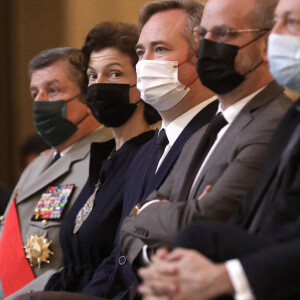 Le général Benoit Puga, la directrice générale de l'UNESCO, Audrey Azoulay, Jean-Baptiste Lemoyne, ministre délégué chargé des petites et moyennes entreprises, le ministre de l'éducation Jean-Michel Blanquer et Monseigneur Pascal GOLLNISCH - Le président de la république, Emmanuel Macron durant une rencontre consacrée aux actions de la France en faveur des chrétiens d'Orient au palais de l'Elysée, Paris, France, le 1er février 2022. © Stéphane Lemouton/Bestimage 