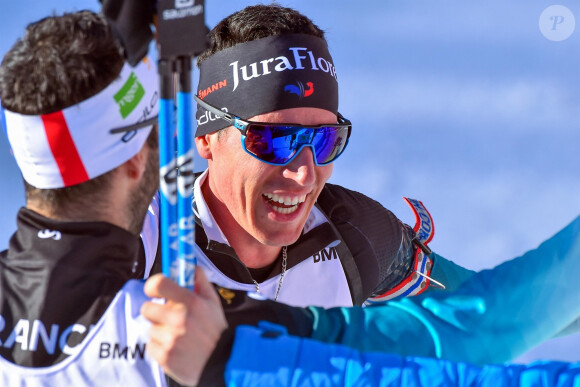 Quentin Fillon Maillet et ses coéquipiers champions du monde de relais en Biathlon à Anterselva en Italie le 22 Février 2020.