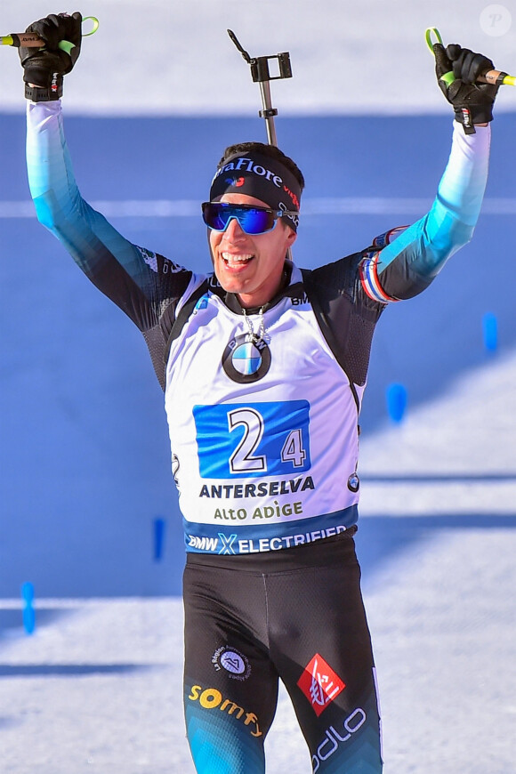 Quentin Fillon Maillet - M. Fourcade et ses coéquipiers champions du monde de relais en Biathlon à Anterselva en Italie le 22 Février 2020.