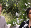 Le prince Harry et Meghan Markle (enceinte, en robe Armani) lors de leur interview vérité avec Oprah Winfrey, diffusée à la télévision américaine en mars 2021. © Capture TV CBS via Bestimage