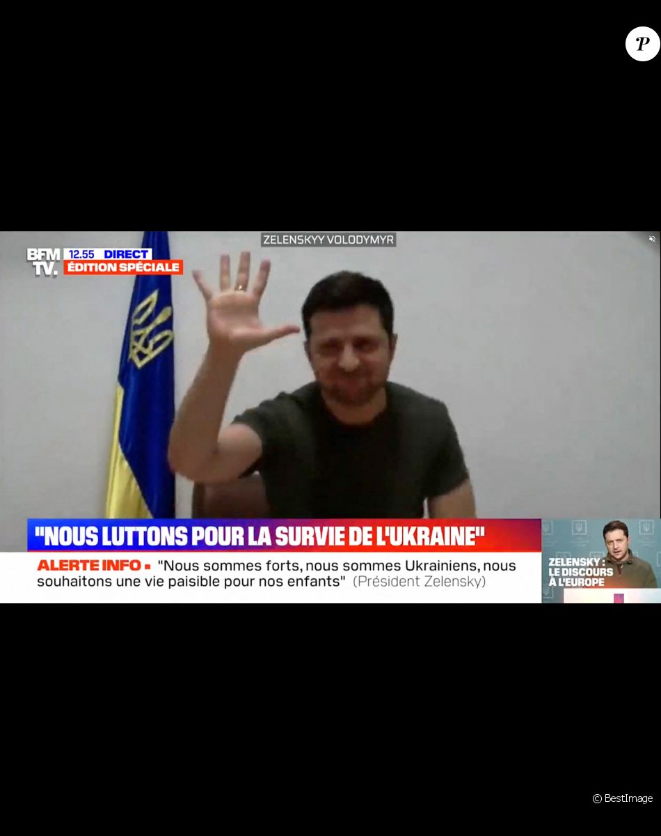 Guerre en Ukraine: le président Volodymyr Zelensky s'adresse au Parlement européen le 1 er mars 2022. © Captures TV - BFMTV via Bestimage