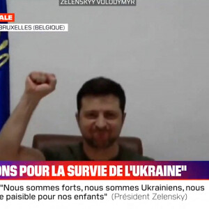 Guerre en Ukraine: le président Volodymyr Zelensky s'adresse au Parlement européen le 1 er mars 2022. © Captures TV - BFMTV via Bestimage