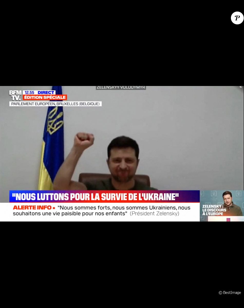 Guerre en Ukraine: le président Volodymyr Zelensky s'adresse au Parlement européen le 1 er mars 2022. © Captures TV - BFMTV via Bestimage