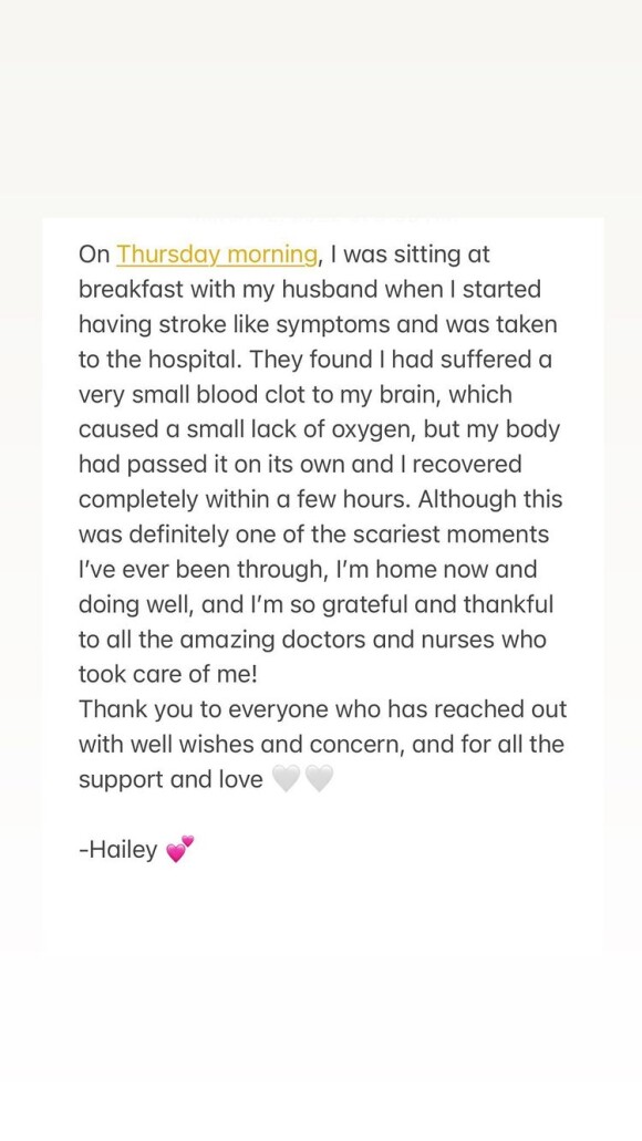 Hailey Bieber, jolie frayeur à l'hôpital : caillot dans le cerveau et symptômes inquiétants