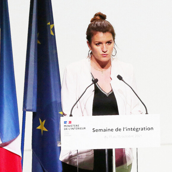 Marlène Schiappa lors de son discours de clôture de la semaine de l'intégration à la Station F à Paris. Le 15 octobre 2021