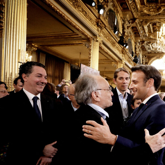 Guillaume Gallienne, Jean-Michel Macron et son fils Emmanuel Macron, Sébastien Auzière, Brigitte Macron - Cérémonie d'investiture du président de la République, Emmanuel Macron au Palais de l'Elysée à Paris le 7 Mai 2022, suite à sa réélection le 24 avril dernier