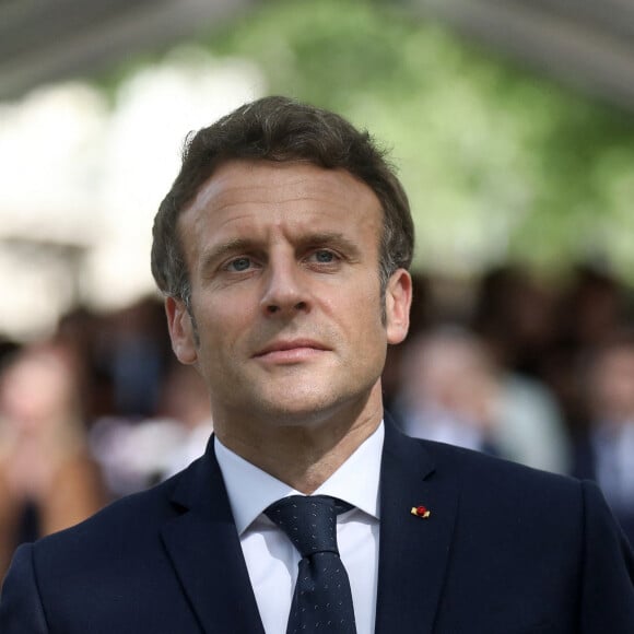 Le président français Emmanuel Macron durant la Cérémonie pour la Journée nationale des mémoires de la traite, de l'esclavage et de leurs abolitions, au jardin du Luxembourg, à Paris, France, le 10 mai 2022.