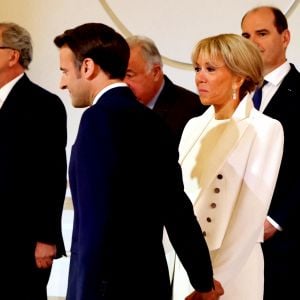 Emmanuel Macron et la première dame Brigitte Macron, Jean Castex - Cérémonie d'investiture du président de la République, Emmanuel Macron au Palais de l'Elysée à Paris le 7 Mai 2022, suite à sa réélection le 24 avril dernier